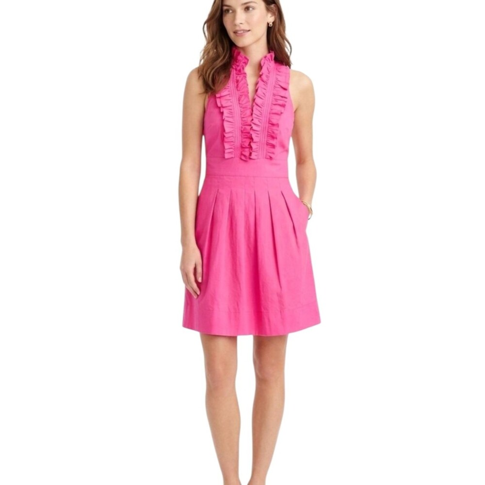 BCBGMAXAZRIA Ruffle Front Halter Dress Pink Cotton Blend Tie Back Pleats Lined 0